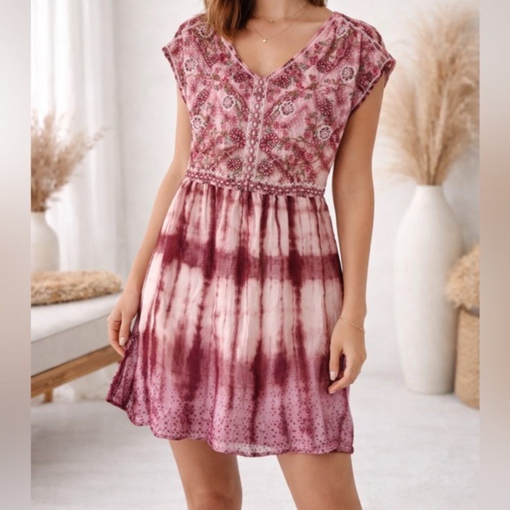 Sundance Gemi Pink Tie Dye Floral Embroidered Boho Mini Dress